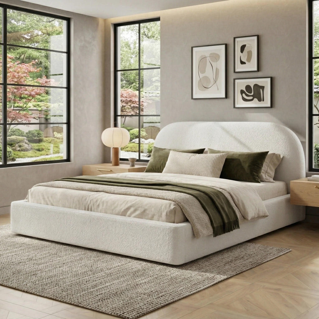 Letto imbottito con rete a doghe testiera imbottita in boucl¨¦ beige struttura con angoli arrotondati