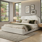 Letto imbottito con rete a doghe testiera imbottita in boucl¨¦ beige struttura con angoli arrotondati