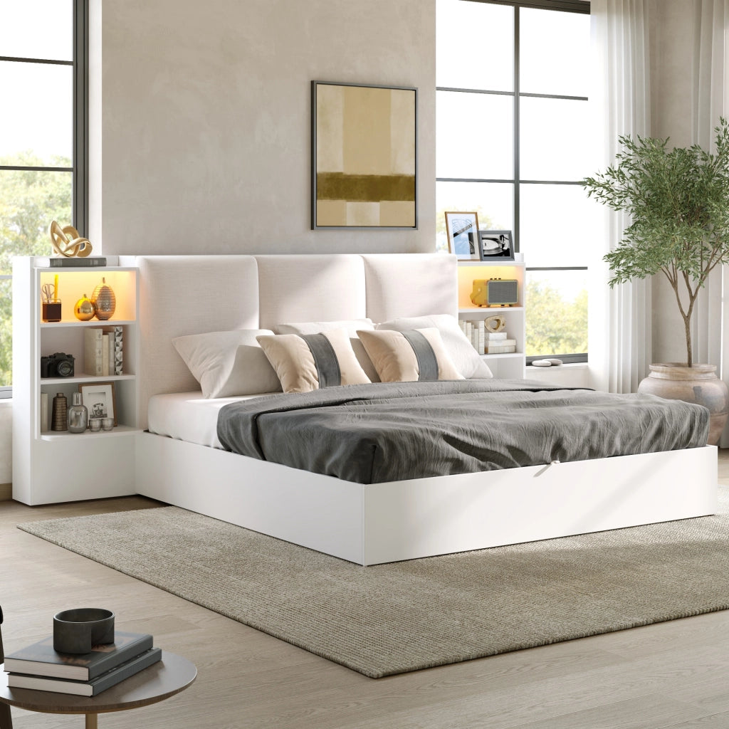 Letto Contenitore Imbottito 180x200 cm con Sollevamento Idraulico; LED; Bianco