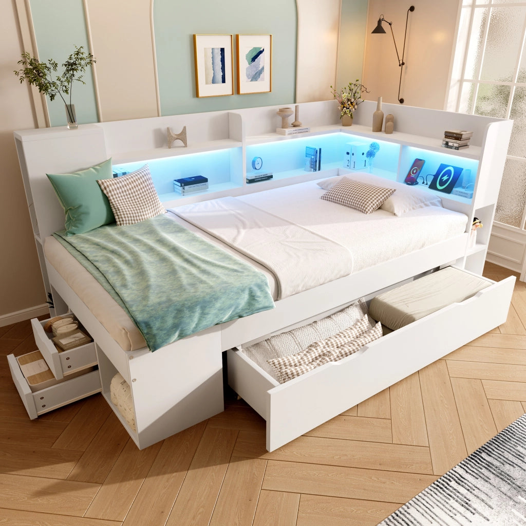 Letto per bambini 90x200 cm con materasso; LED; USB e Type-C; cassetti e ripiani; legno bianco