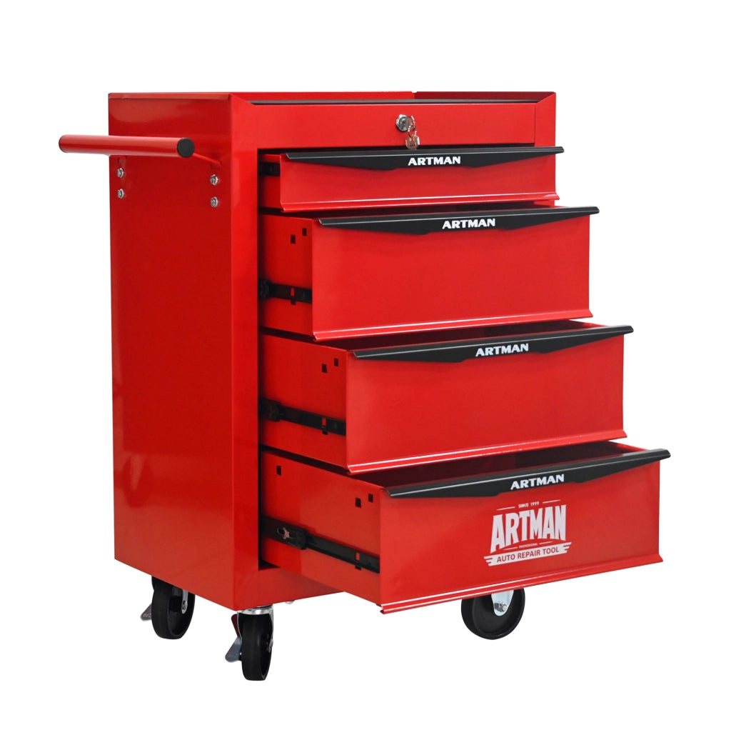 Carrello portautensili in acciaio con 4 cassetti e ruote, 60x33x77,5 cm, rosso e nero