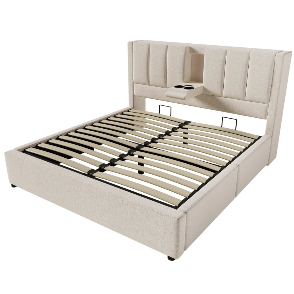 Letto matrimoniale 140 × 200 cm con contenitore; USB; Type-C e portabicchieri; senza materasso; beige
