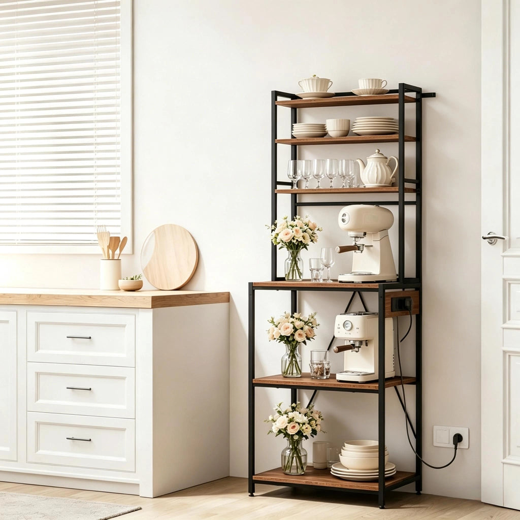 Credenza da cucina alta con 6 ripiani, 6 ganci e 3 prese elettriche per cucina, metallo e truciolare, 60 × 40 × 167 cm