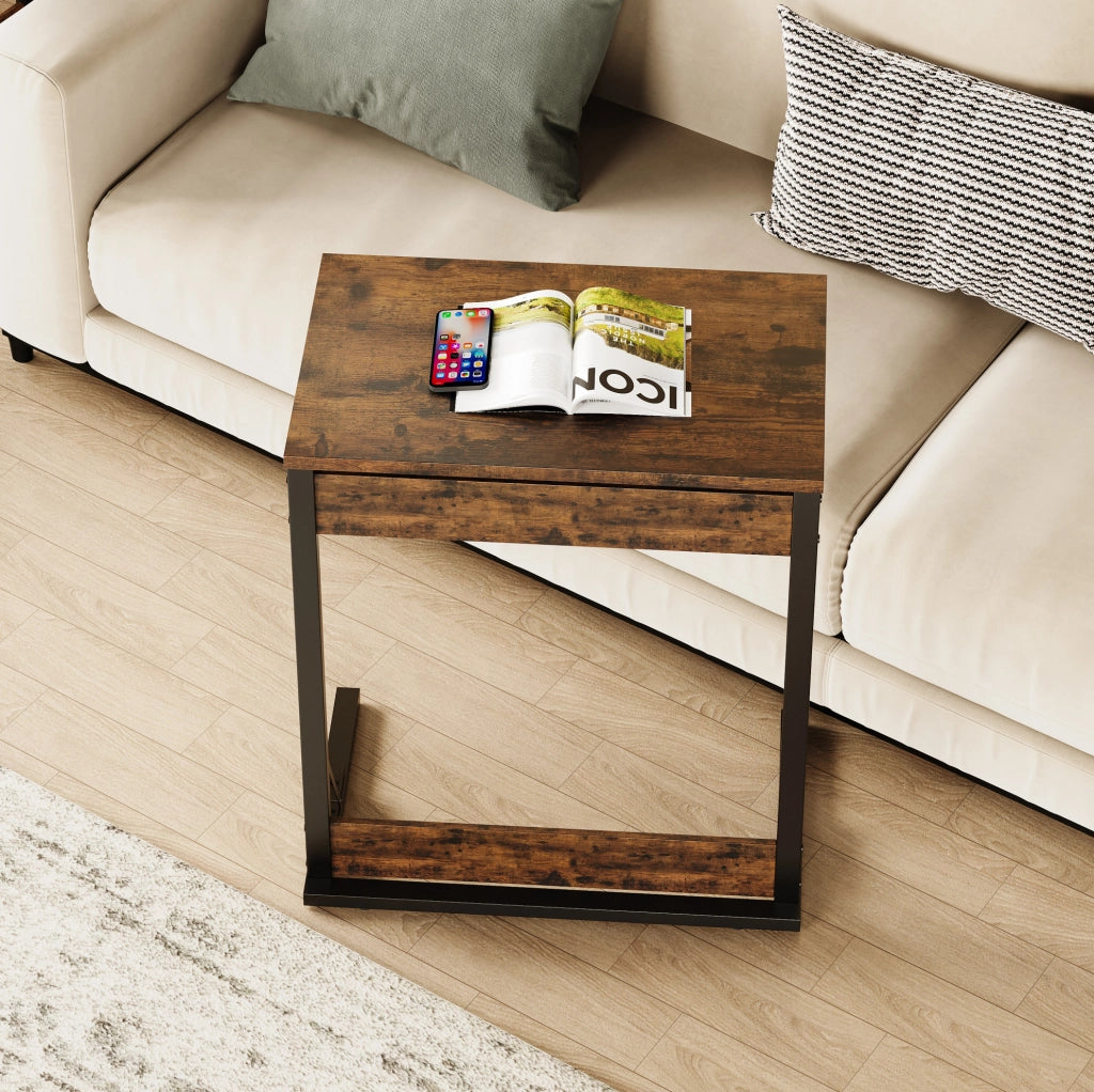 Tavolino a C pieghevole 60x37x71 cm in metallo e pannello effetto legno rustico HOMVRA