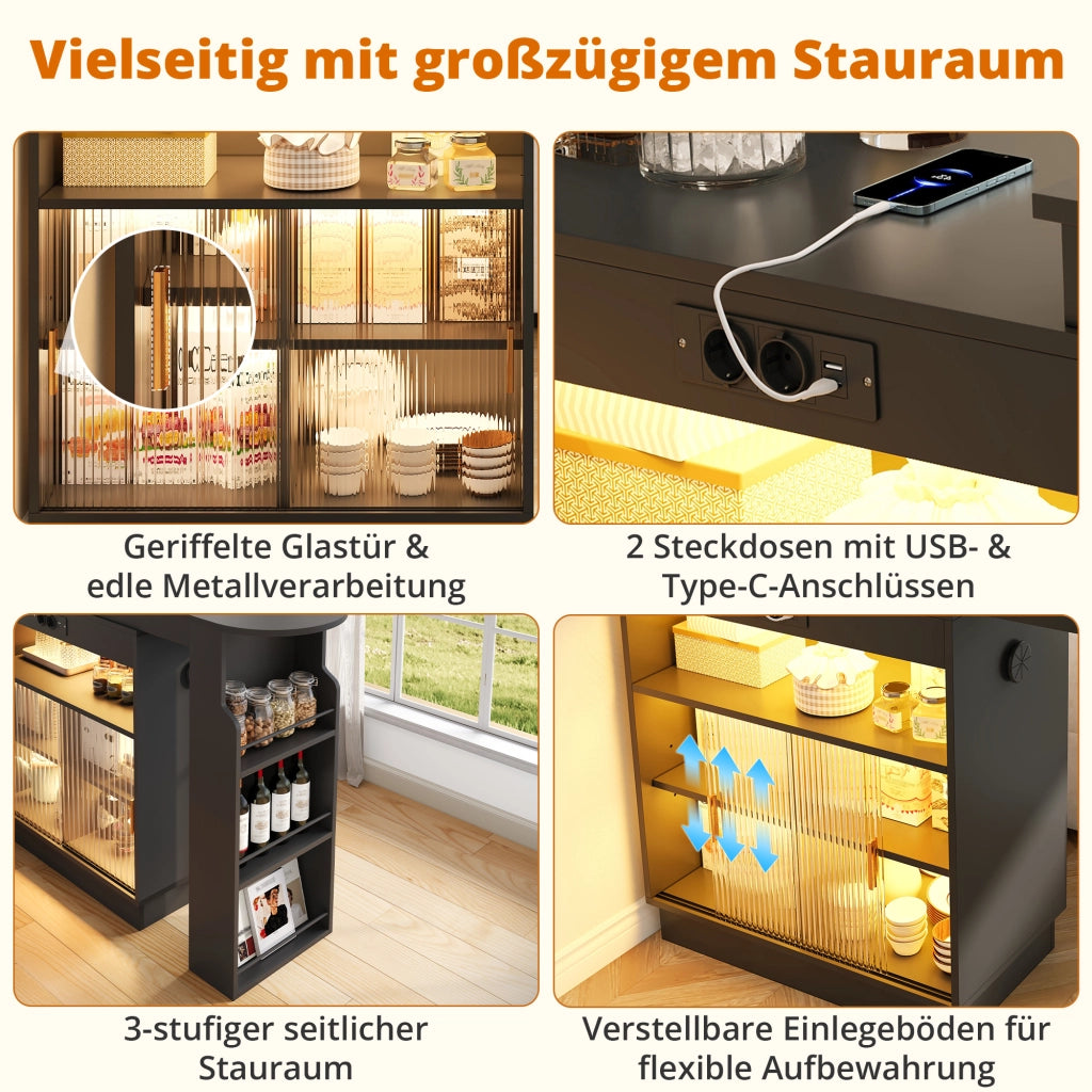 Tavolo alto allungabile con contenitori LED; prese; USB e USB-C in MDF nero 131–170 × 40 × 170 cm
