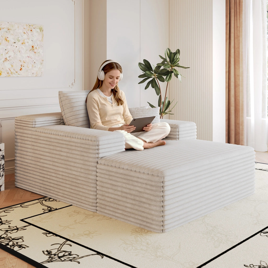 Divano in velluto a coste bianco chaise longue con seduta profonda 115x159x60 cm 1 posto