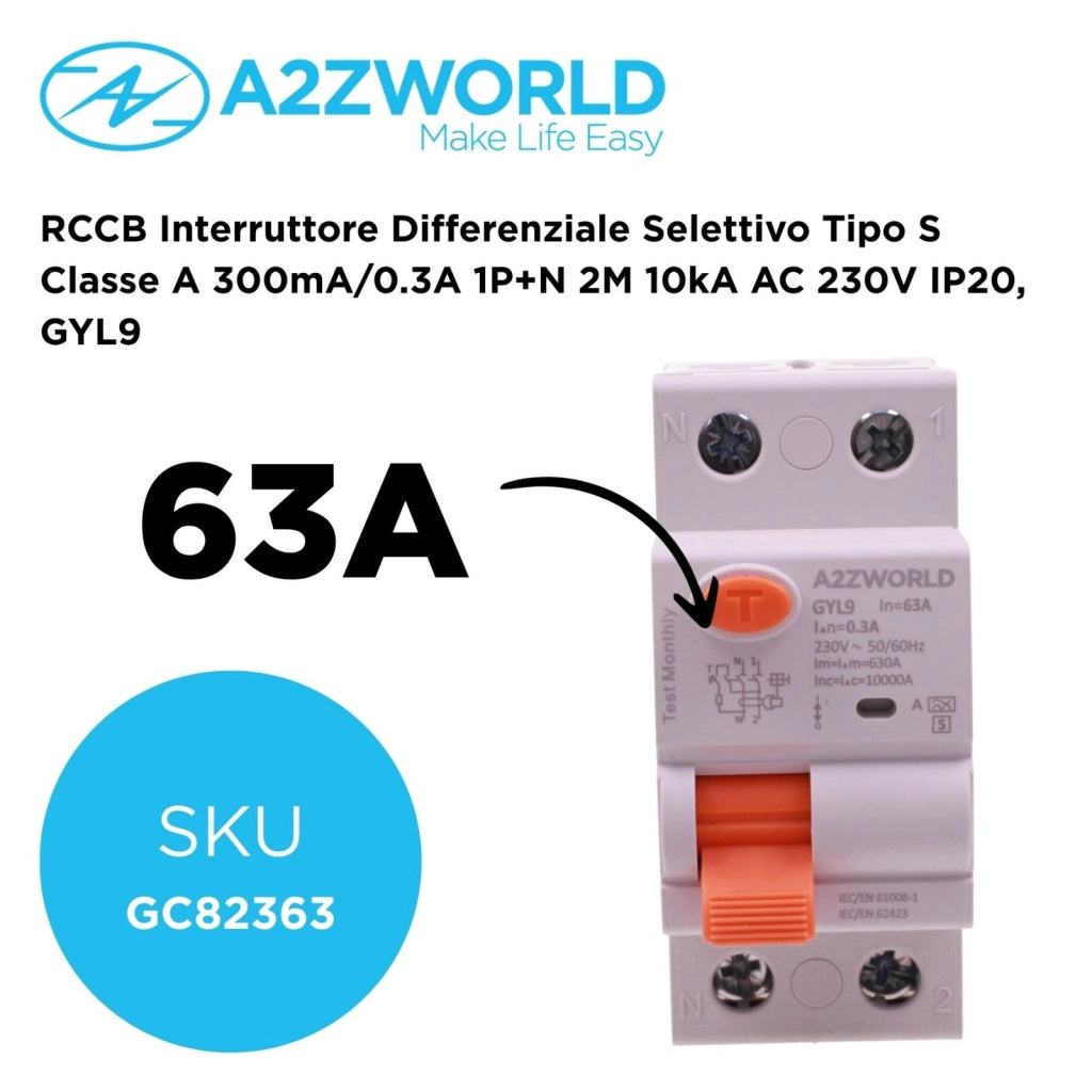 RCCB Interruttore Differenziale Selettivo Tipo S Classe A 300mA/0.3A 1P+N 2M 10kA AC 230V IP20, GYL9, Corrente Disponibili 25A 40A 63A 100A (63A)