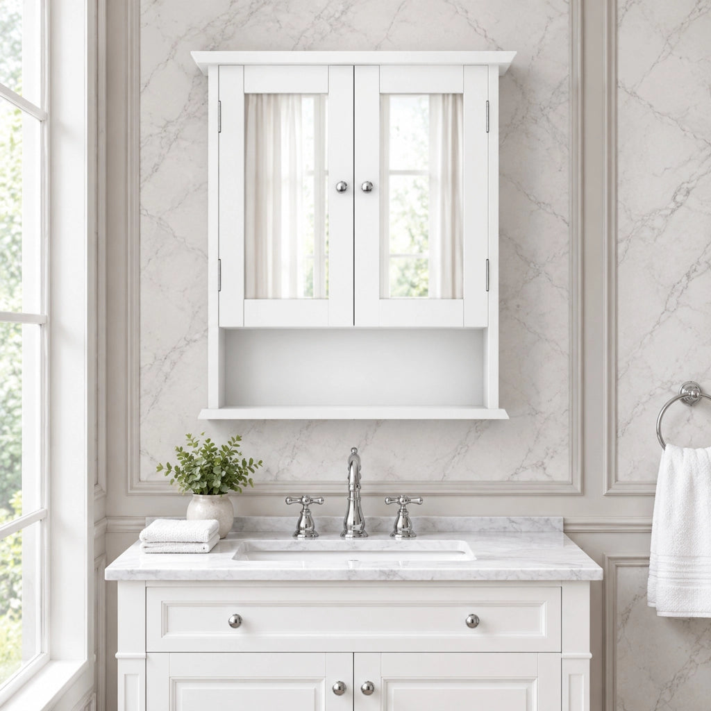 Mobile bagno sospeso 54,6x19,8x60 cm con specchio e ripiani in MDF bianco