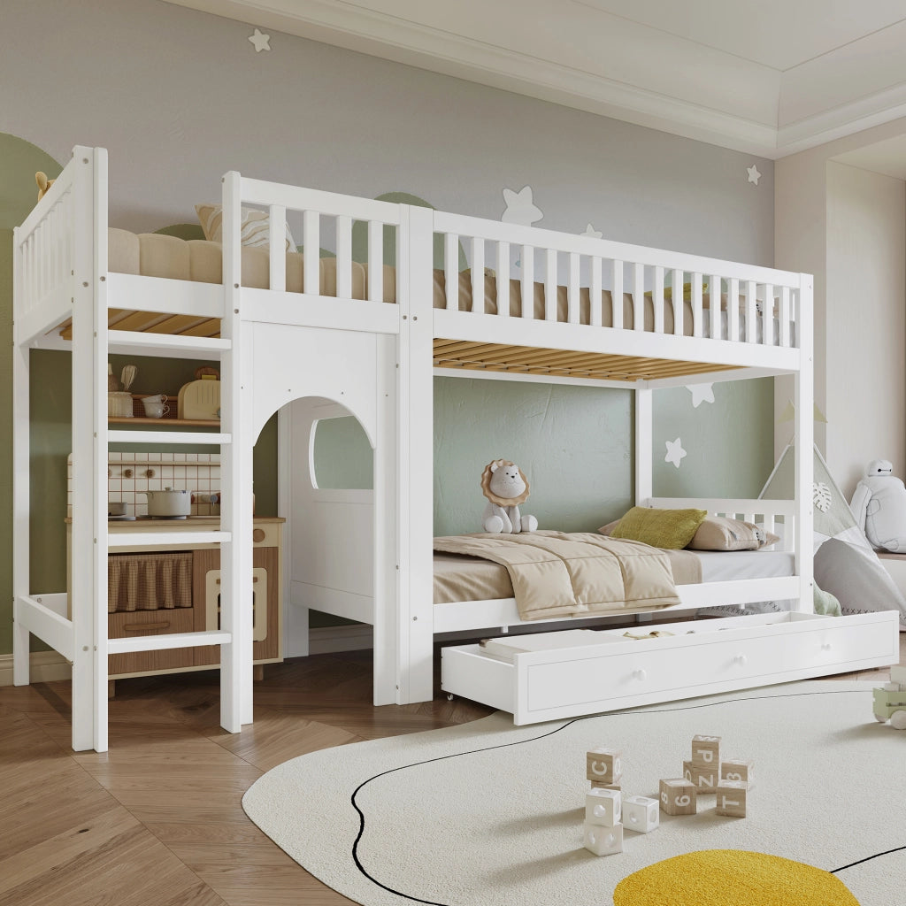 Letto a castello per bambini con scala a quattro gradini e sponde legno bianco e naturale 90 × 200 cm