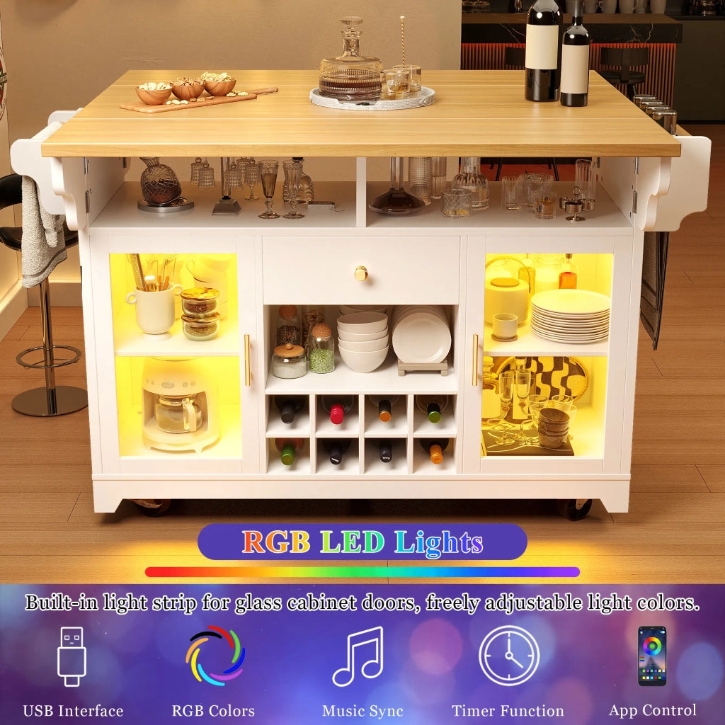 Carrello portavivande bianco con illuminazione LED RGB, piano ribaltabile su entrambi i lati, ripiani regolabili e portabottiglie mobile, altezza ergonomica 95 cm