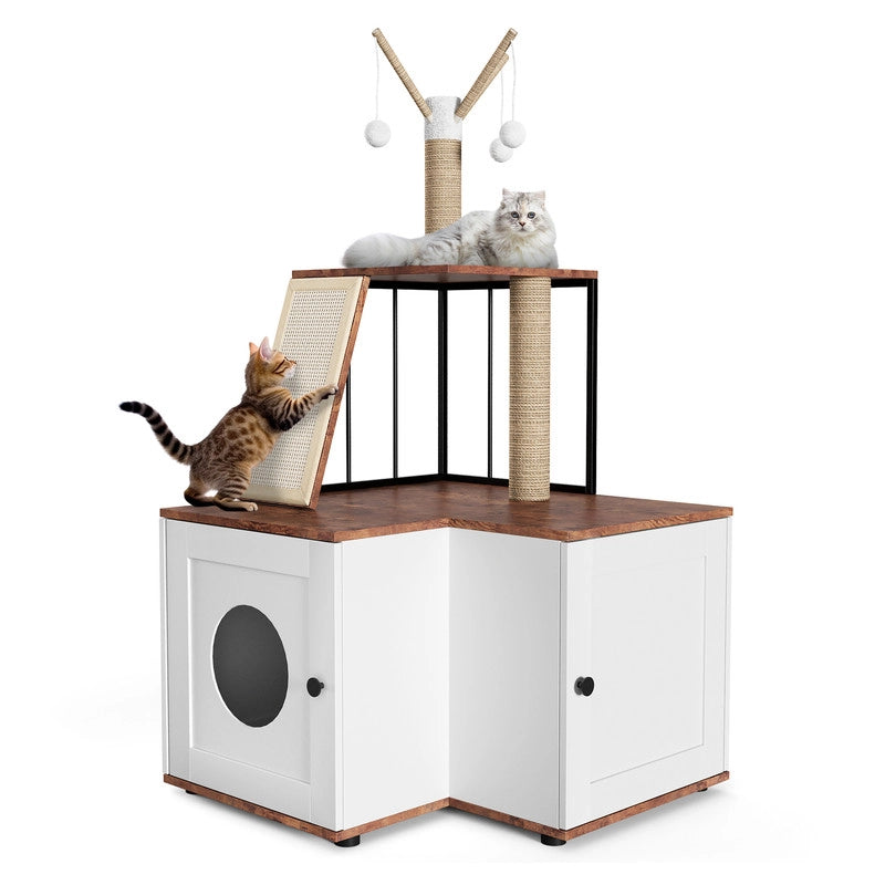 Albero per Gatti in Legno con Lettiera Nascosta e Mobiletto; Bianco