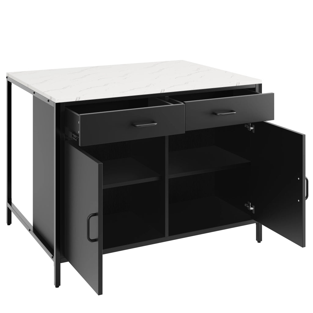 Stehtisch nero con piano effetto marmo, 100 x 90 x 90 cm, in MDF con gambe in ferro, con cassetti e vani regolabili