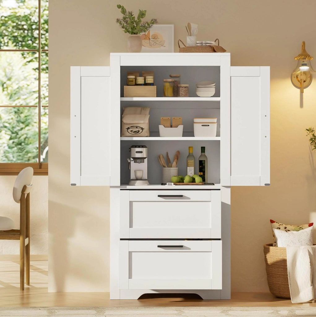 Credenza alta 60x30x128 cm con 2 cassetti e ripiani regolabili in MDF e truciolare; bianca
