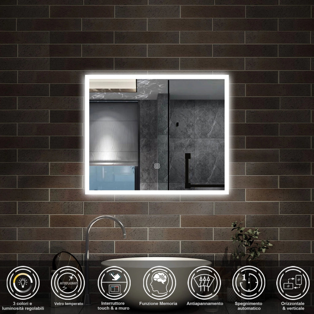 specchio rettangolare 80x60 cm con luce led, antiappannamento e touch