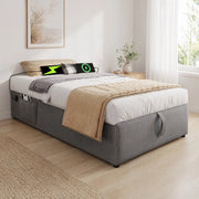 Letto contenitore 90 × 190 cm con USB e Type-C senza testiera in cotone e lino grigio