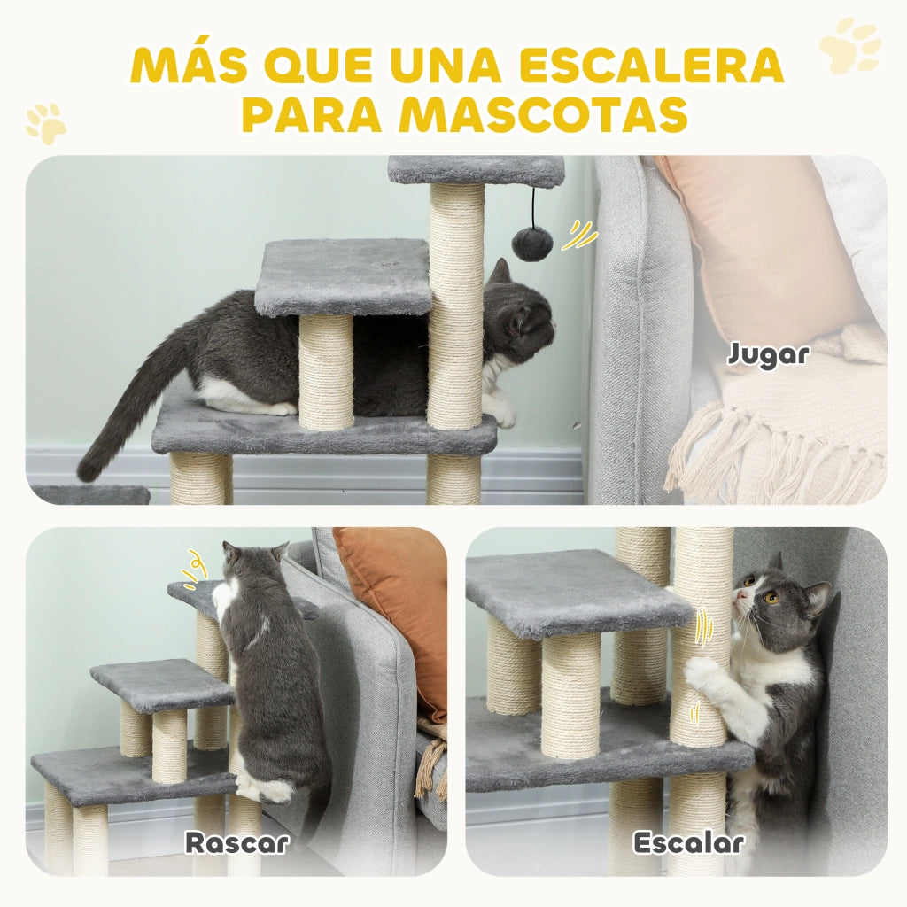 Scala per Animali Domestici Regolabile ¨C Xylo ¨C 3/4 Gradini con Tiragraffi e Palla Sospesa Grigio