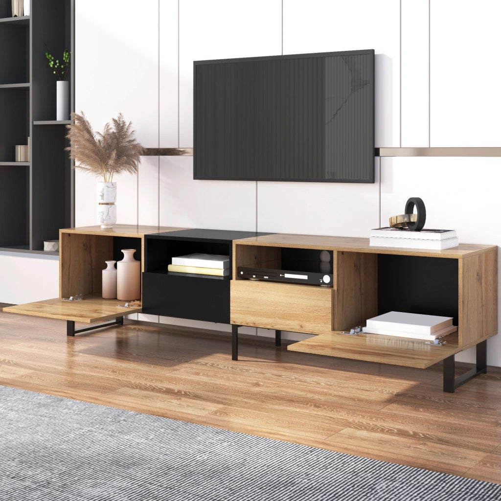 Mobile TV con 2 ante e 2 cassetti guide da 12 pollici bordi in PVC MDF nero e legno naturale 190 × 38 × 48 cm