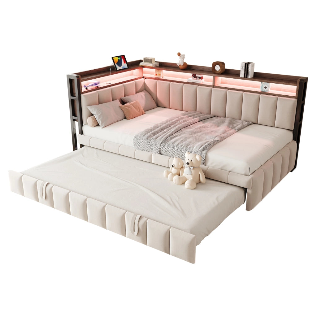 Divano letto estraibile 90x200 cm con LED, USB e USB-C in velluto beige