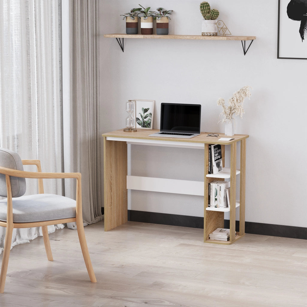 Scrivania per Computer con 3 Ripiani ¨C Minimal ¨C Legno Rovere Chiaro Bianco 100x44x74 cm
