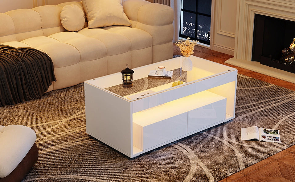 Tavolino da caffè moderno 100x50x40 cm bianco lucido con piano in vetro temperato, 2 ampi cassetti e illuminazione LED controllabile via app