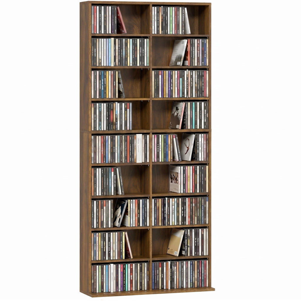 Scaffale porta CD e DVD in pannello truciolare; noce scuro; 18 scomparti; ripiani regolabili; 78;5 x 24 x 175 cm