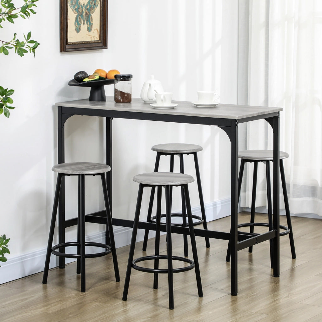 Tavolo da bar con 4 sgabelli in MDF grigio e metallo nero effetto legno per cucina e zona bar