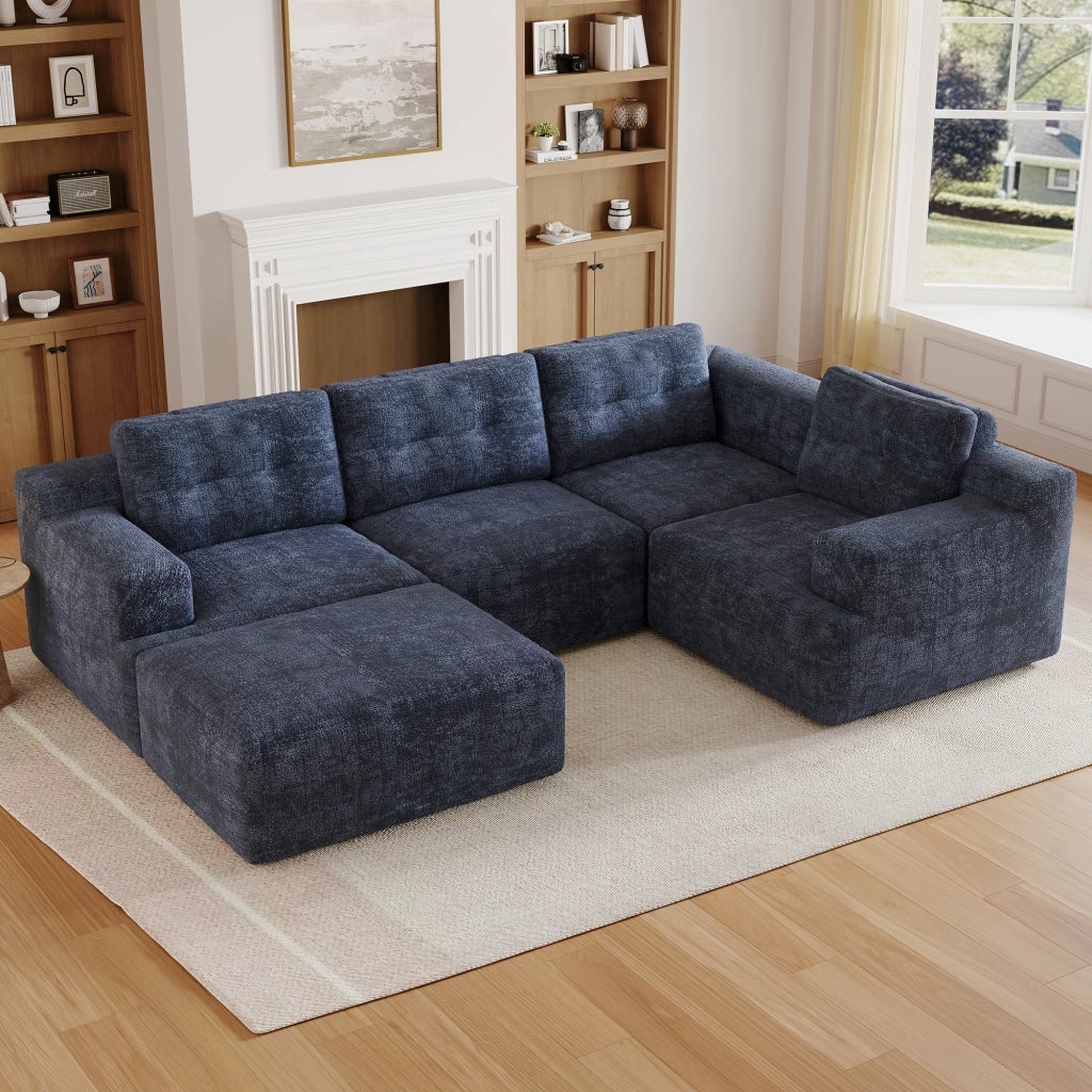 Divano panoramico modulare a 5-6 posti in chenille blu con pouf e schienale alto 82 × 252 × 180 cm