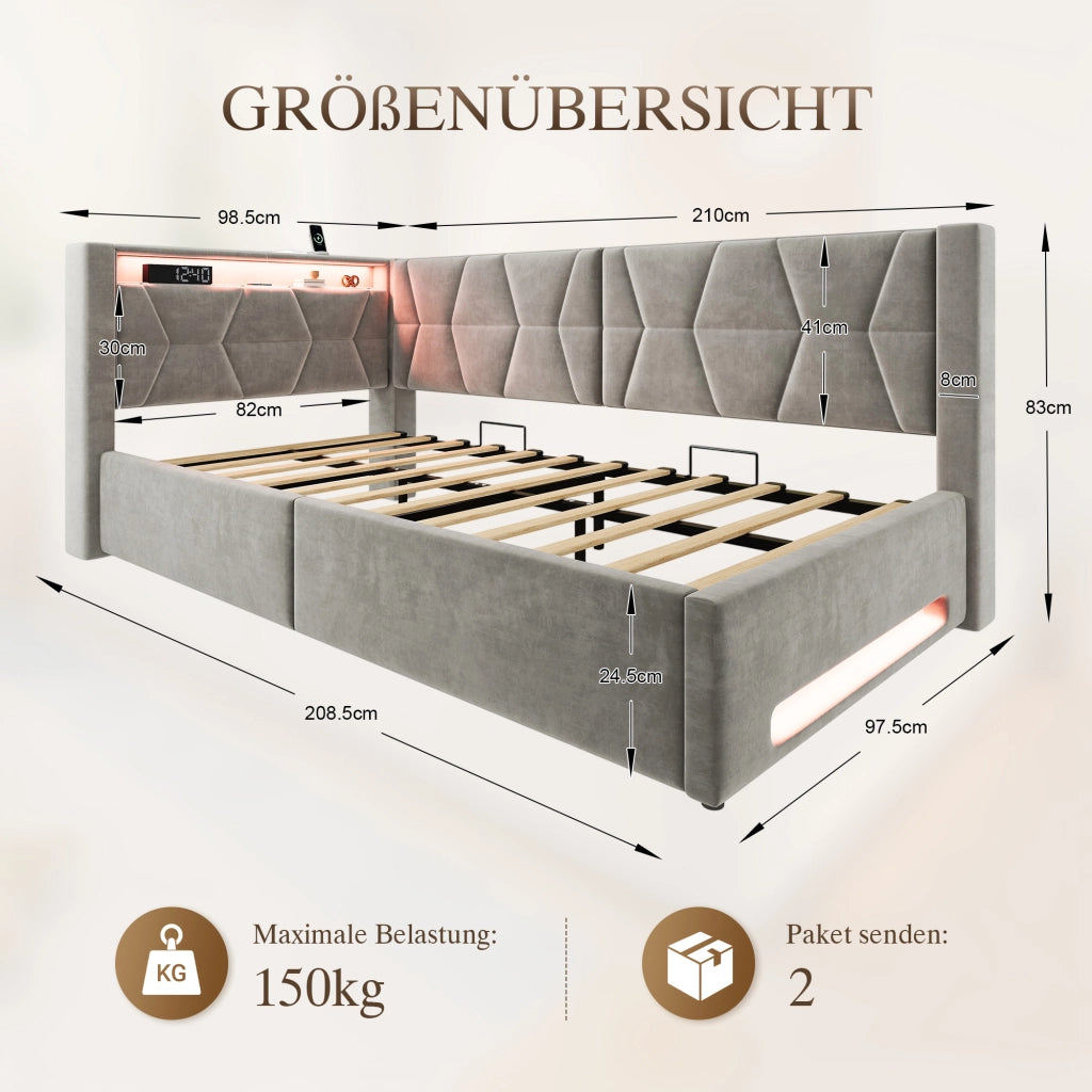 Letto singolo con contenitore 90 × 200 cm imbottito in velluto con LED USB Type-C e rete a doghe inclusa