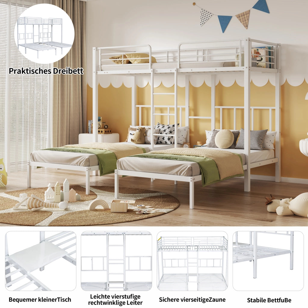 Letto a castello triplo per bambini e ragazzi 90 × 200 cm in metallo bianco con scala tavolo e sponde alte