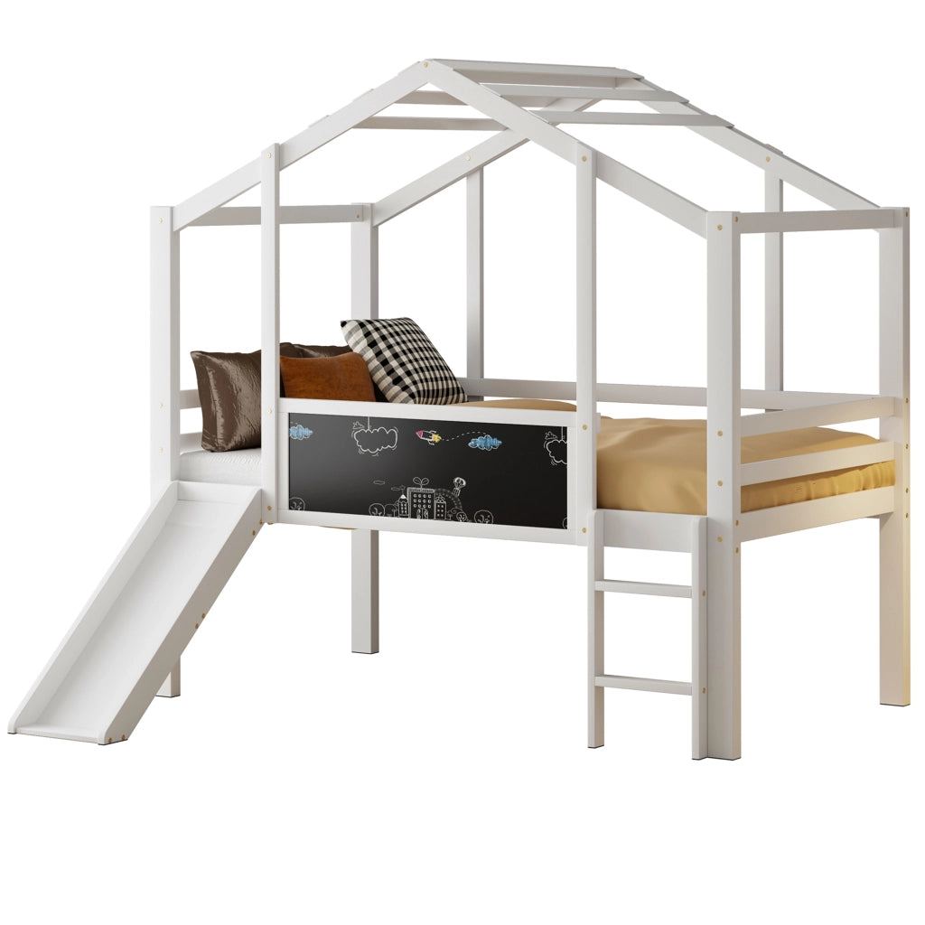 Letto a castello bianco in legno massello con scivolo e scala di sicurezza 90x200 cm