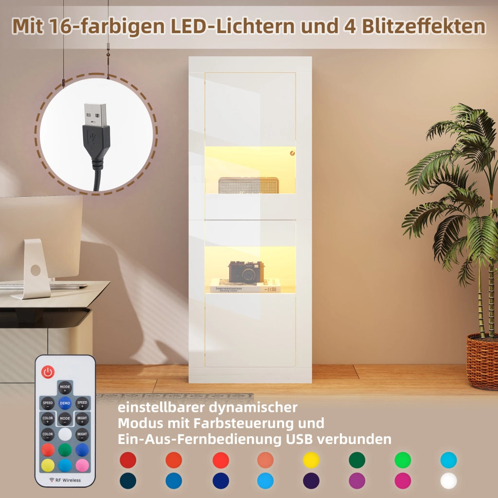 Vetrina LED con 2 ante e ripiani in vetro regolabili in truciolato bianco lucido da soggiorno 61 × 42 × 162 cm