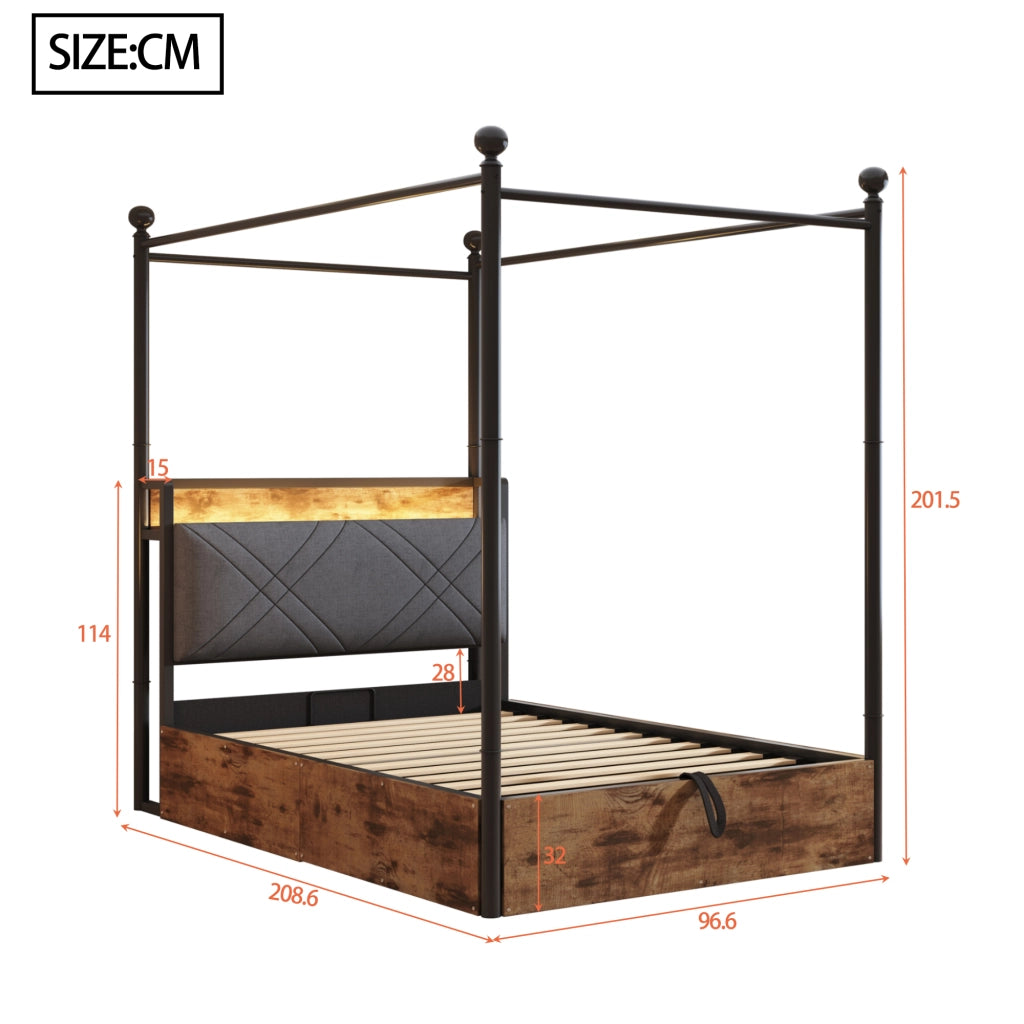 Letto con contenitore 90 × 190 cm con sollevamento idraulico; struttura in ferro; LED e porte USB Type-C nero