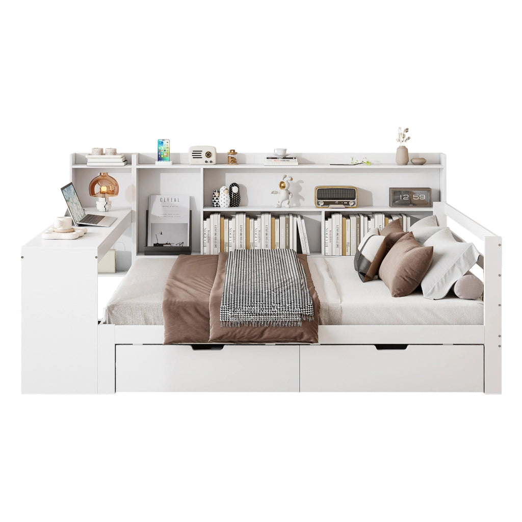 Letto matrimoniale 140x200 cm in legno bianco con scrivania; libreria; cassetti e presa USB