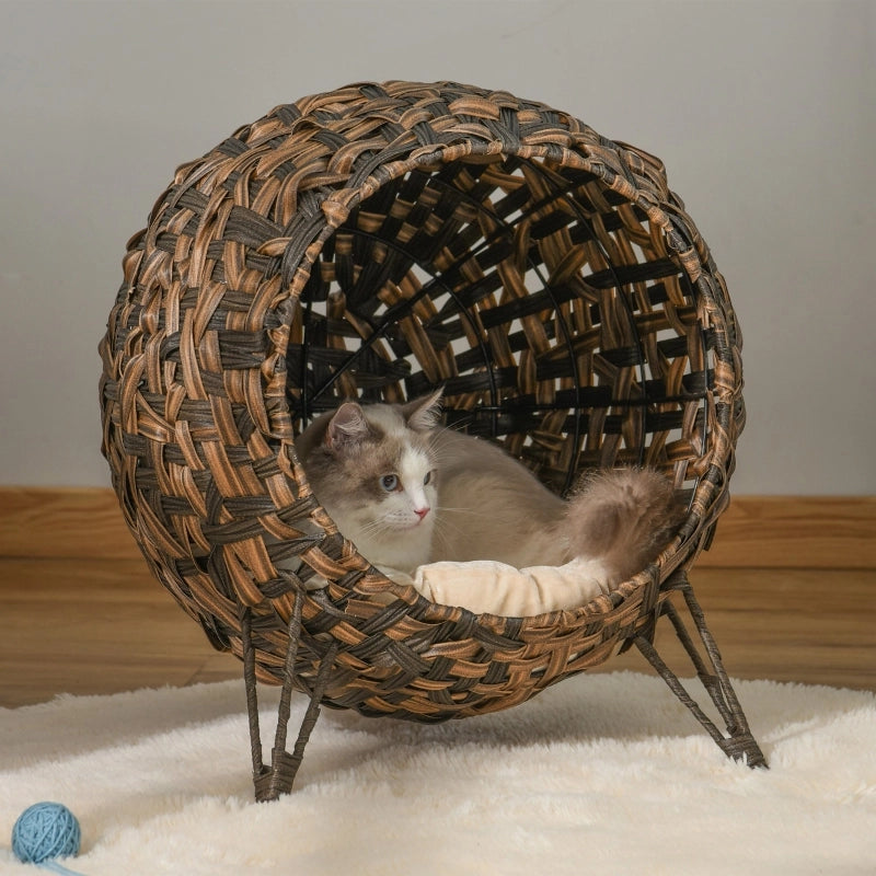Cuccia per gatti rialzata in rattan PE marrone con cuscino in velluto, struttura in metallo, per interni