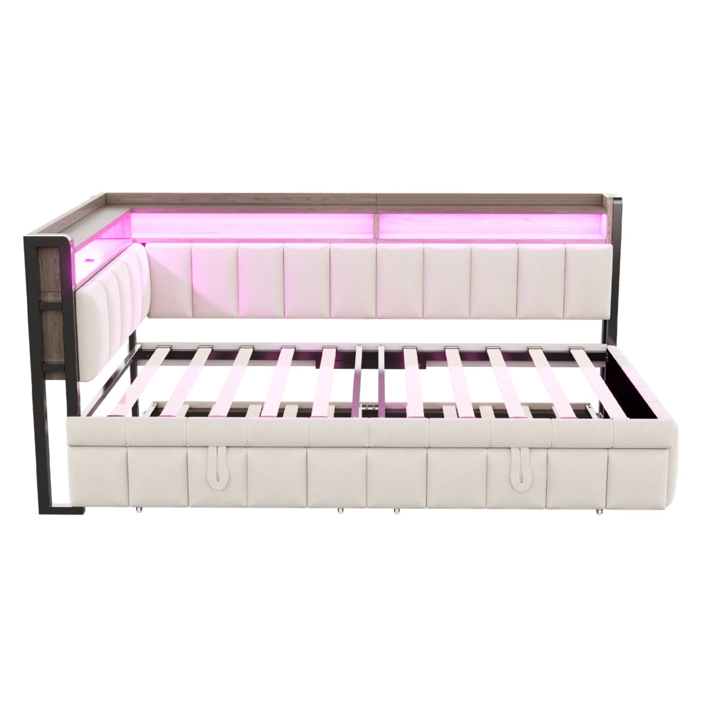 Divano letto ULEVR 90x200 cm estraibile con LED, USB e Type-C, vani portaoggetti, velluto beige