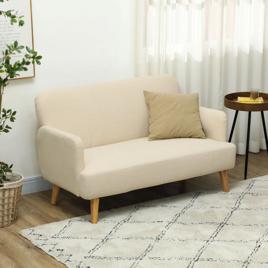 Divano 2 posti in velluto crema con gambe in legno, 130 cm