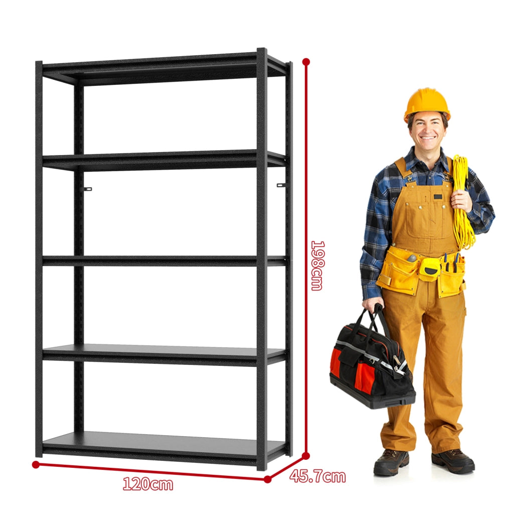 Scaffale metallico portante 5 ripiani 198x120x45,7 cm nero