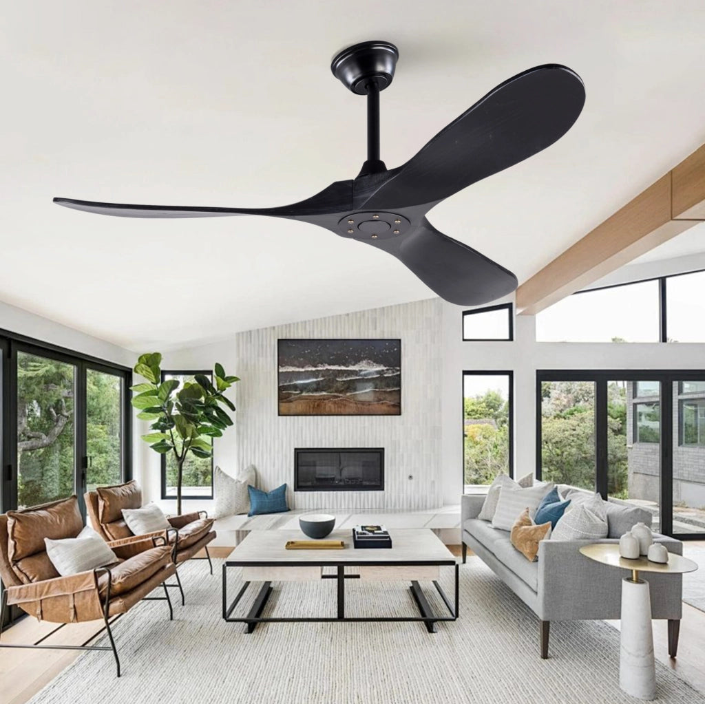 Ventilatore a soffitto 52" nero con 3 pale in legno di paulonia, controllo remoto, 6 velocità e funzione reversibile