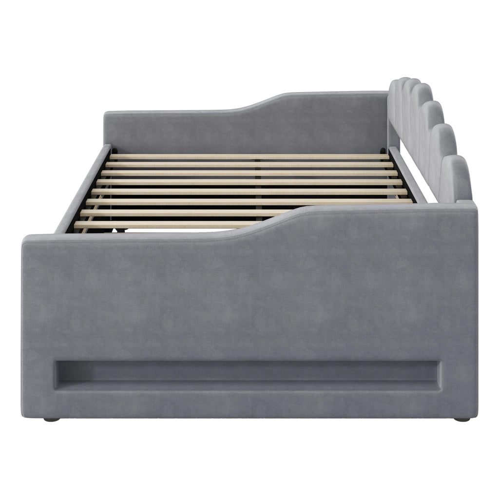 Letto con letto estraibile 140 × 200 cm con illuminazione LED a 7 colori rivestito in lino grigio