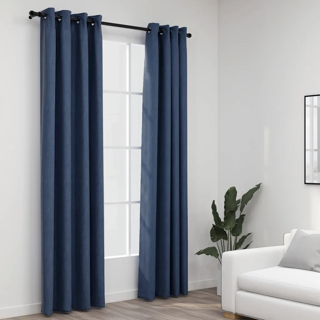Tende Oscuranti | Tende Blackout Effetto Lino con Occhielli 2 pz Blu 140x225 cm