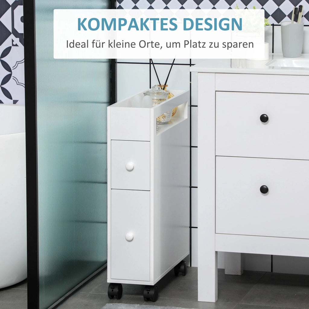 Mobile basso da bagno compatto con ruote; 2 cassetti e vano aperto in MDF bianco 16 × 49.5 × 66 cm