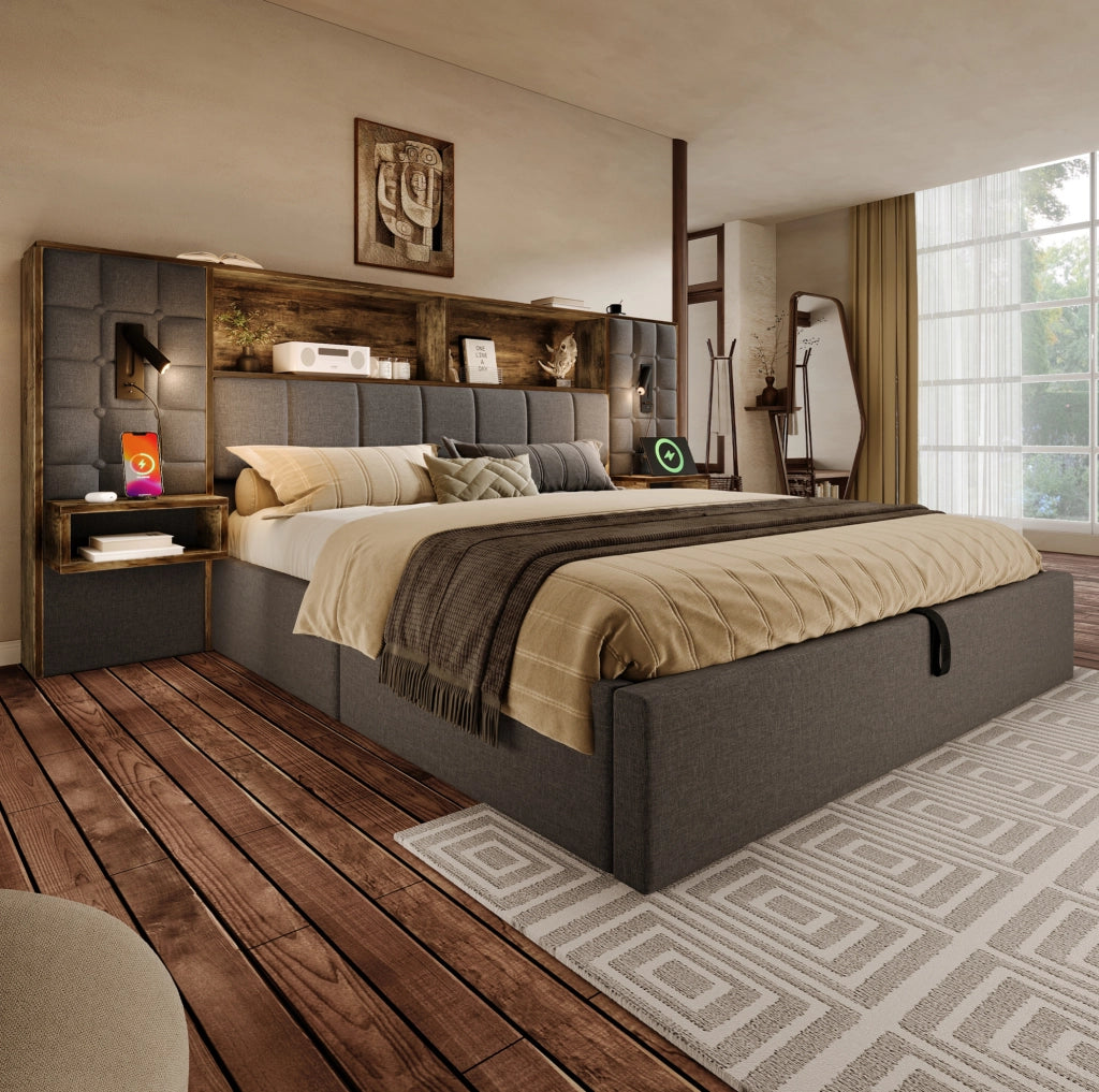 Letto matrimoniale 160x200 cm con contenitore; LED; lampade da lettura; USB e Type-C; grigio