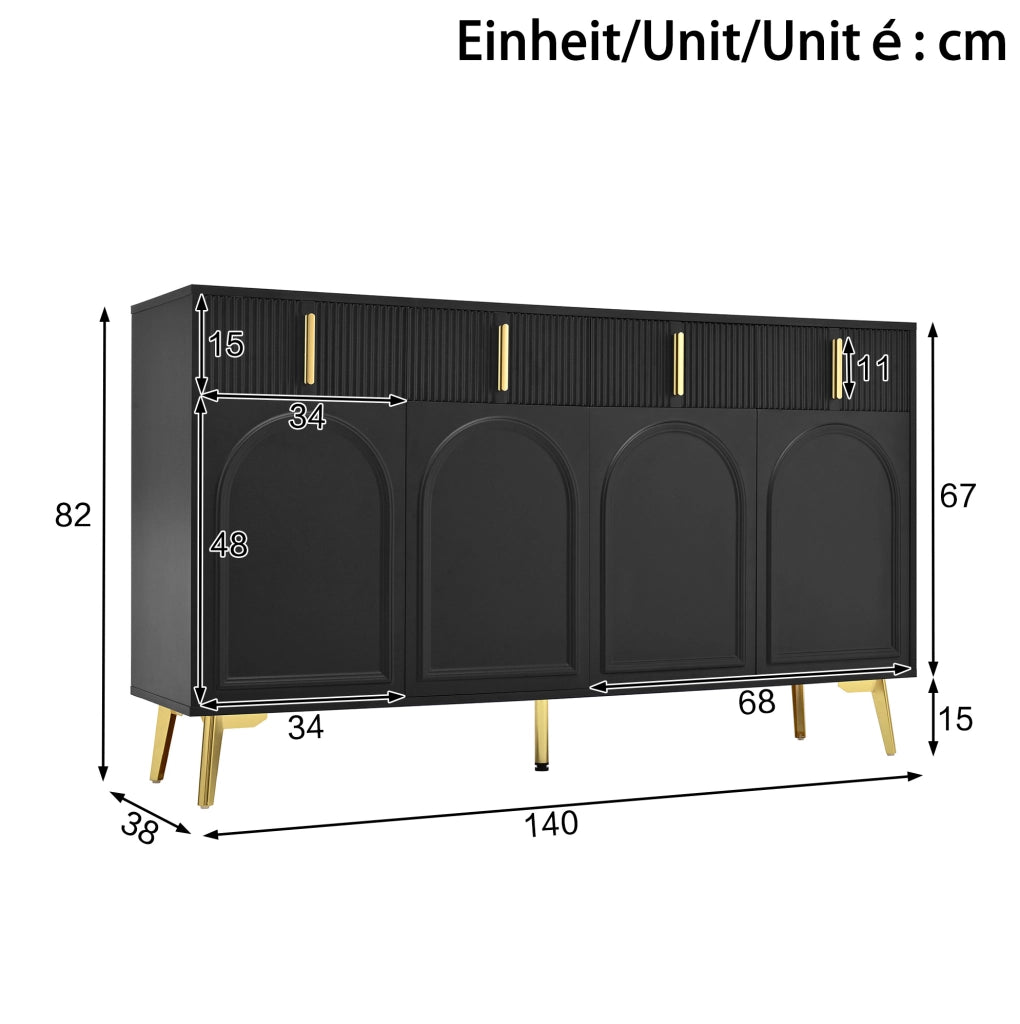 Credenza nera 140 cm con 4 ante, 4 cassetti e dettagli dorati