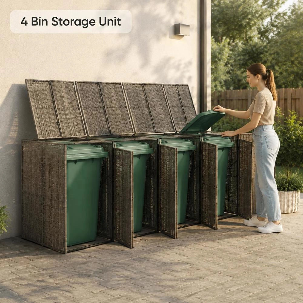 Garbage Can Storage Unit For 4 Bins, Grey, 274x80x117 Cm, Poly Rattan