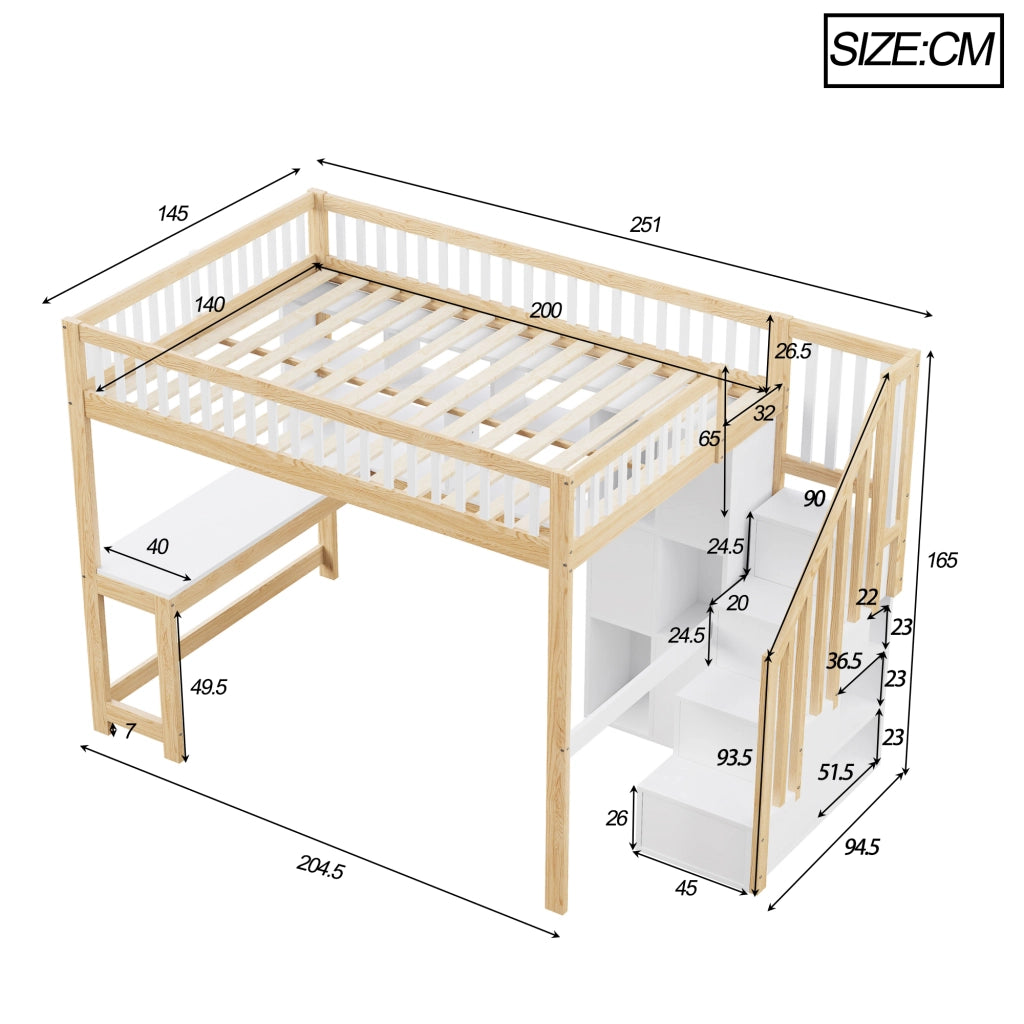 Letto a soppalco 140 × 200 cm 1 posto con LED; scala contenitore; mensole e scrivania; senza materasso