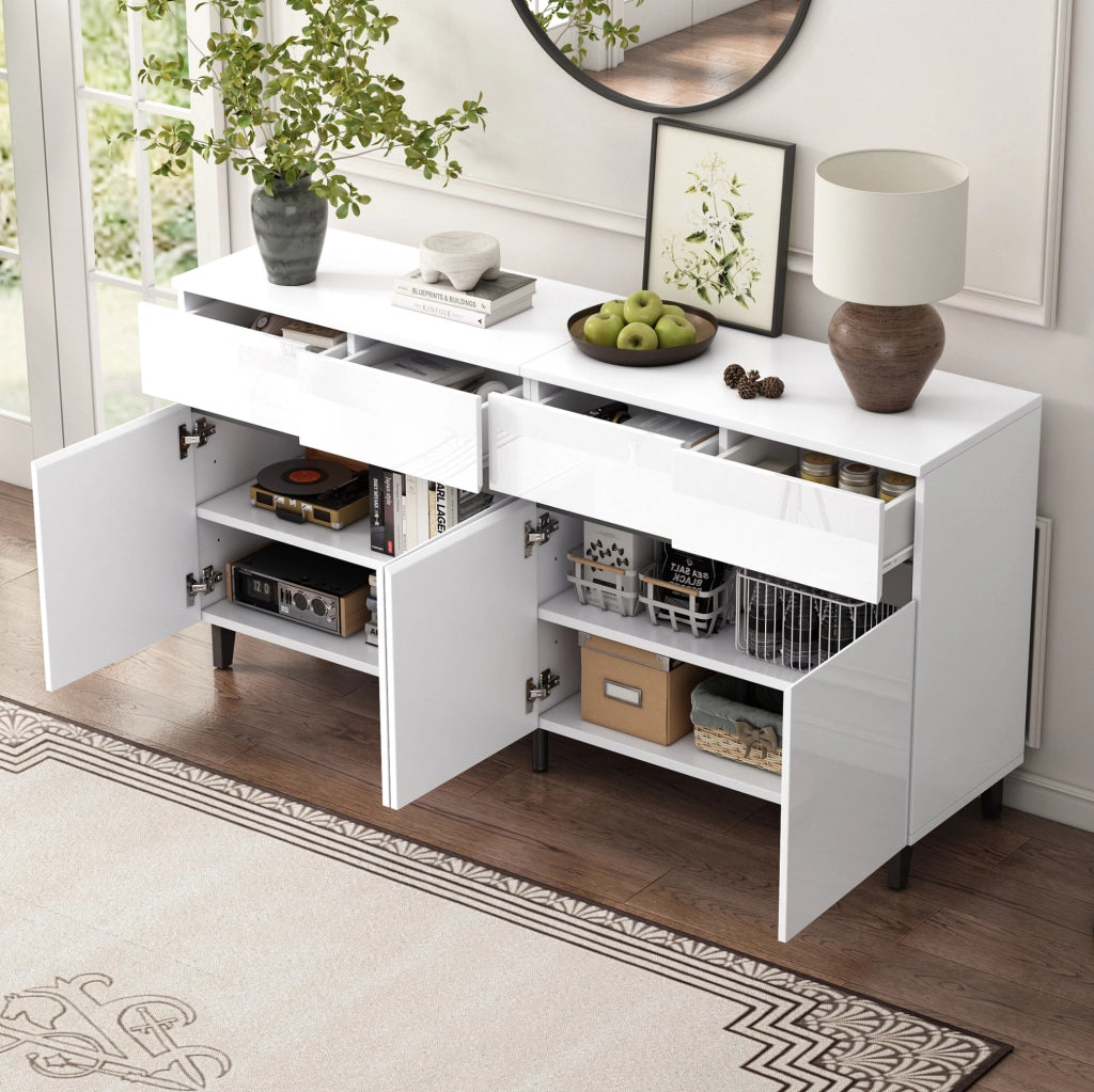 Sideboard bianco lucido con 4 cassetti, 2 ante e ripiani regolabili 160x40x68 cm