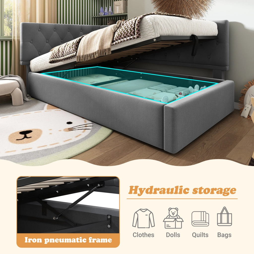 Letto divano singolo 90 × 190 cm con contenitore idraulico e testiera reversibile, senza materasso, velluto grigio