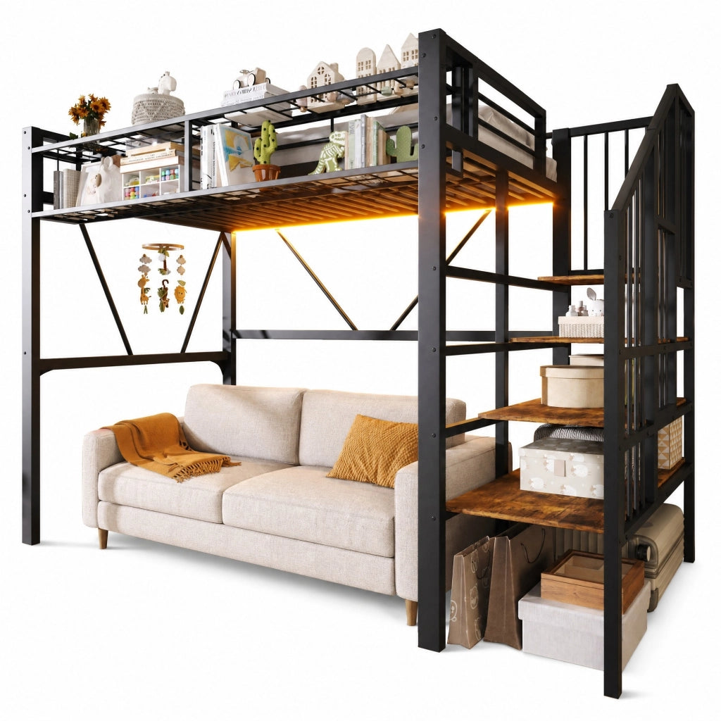 Letto a soppalco 90x200 cm in metallo e MDF, con ripiani a gradini, vano aperto, LED, nero