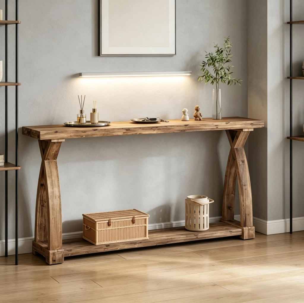 Tavolo consolle in legno marrone con ripiano inferiore; lunghezza 160 cm
