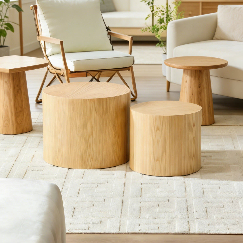 Tavolini bassi a incastro rotondi in MDF naturale per soggiorno e piccoli spazi 55 × 55 × 46 cm